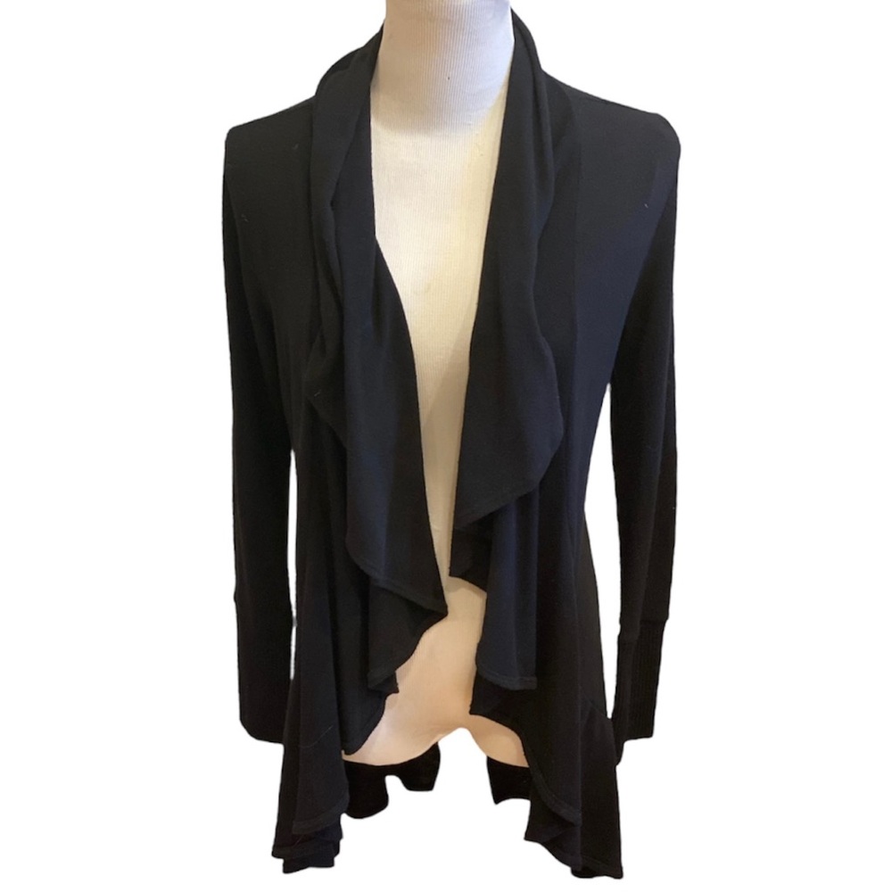 Ya Los Angeles Designer Black Waterfall Cardigan Ruffle Open Front L